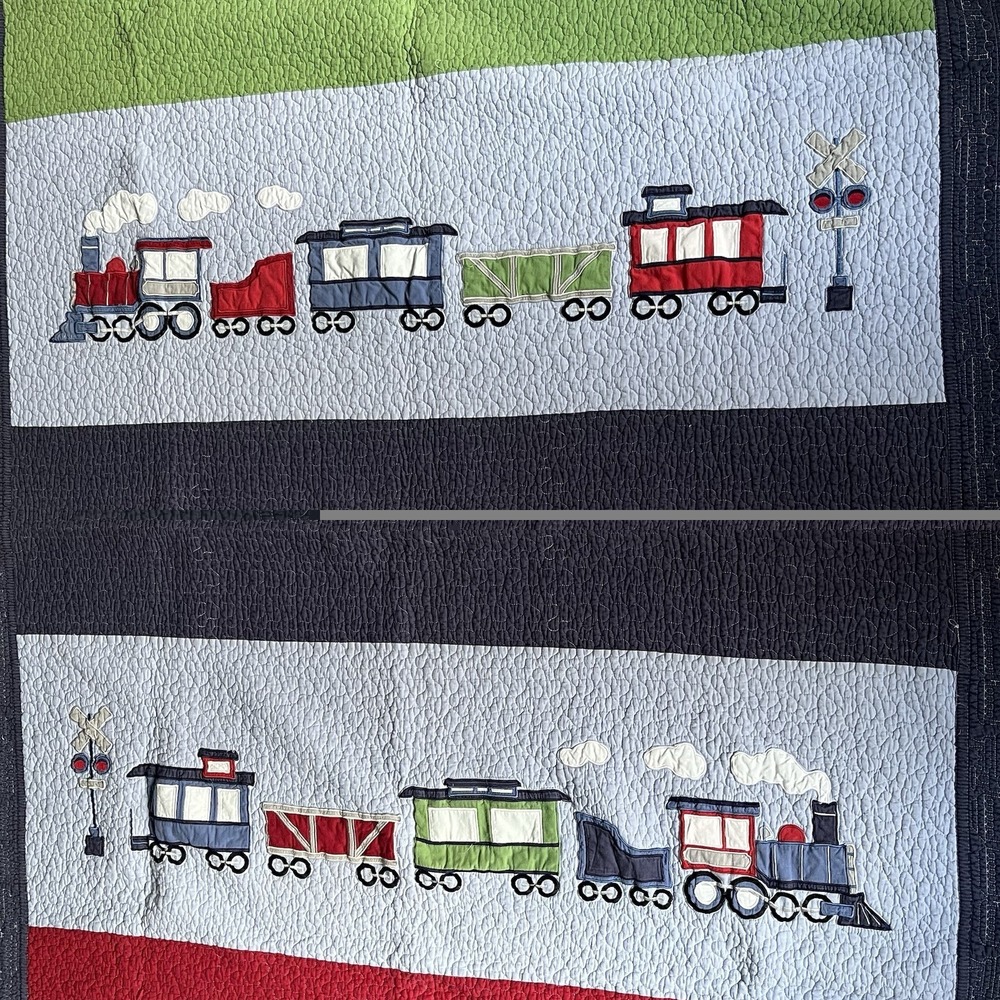Authentic Kids Train Quilt 100% Cotton Blue Red Detailed Appliqué Bedding Twin - Picture 4 of 12